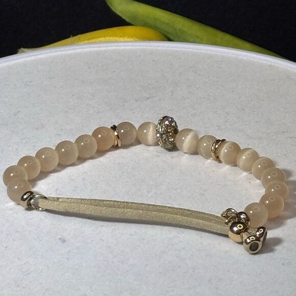 Express Crystal Glass Beads With Tan Pull Cord Slide Adjustable Bracelet NWOT - Picture 8 of 8